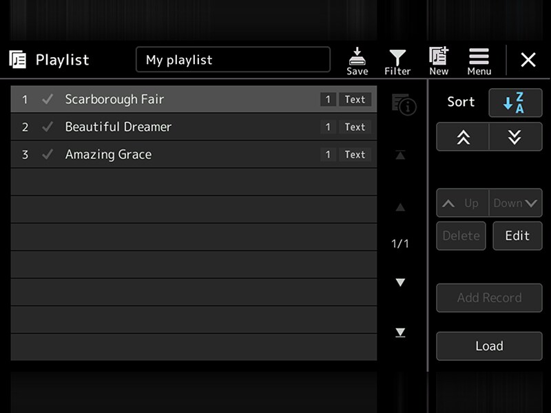 شاشة قائمة التشغيل (Playlist) في ياماها PSR-SX920/720