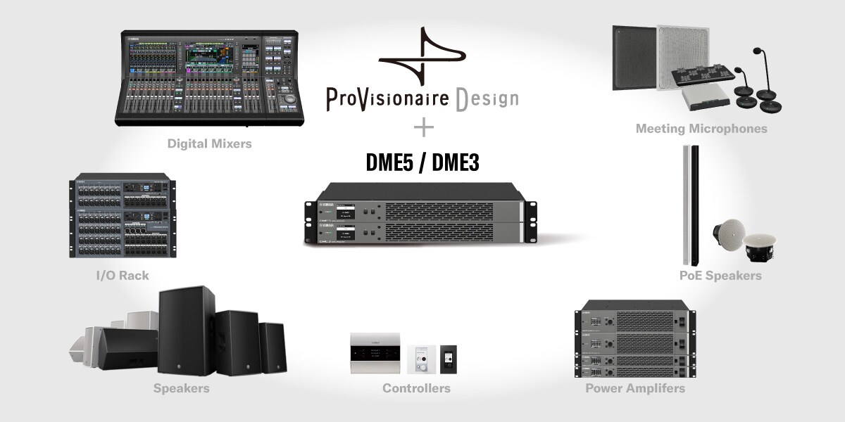 Illustration showing DME5/DME3 and ProVisionaire Design functioning together as the core of a system, allowing digital mixers, I/O racks, speakers, controllers, power amplifiers, PoE speakers, and connected microphones to be configured from a single location.