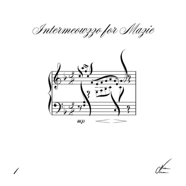 Sheet music titled ‘Intermeowzzo for Mazie,’ featuring musical notes arranged in the shape of a cat.