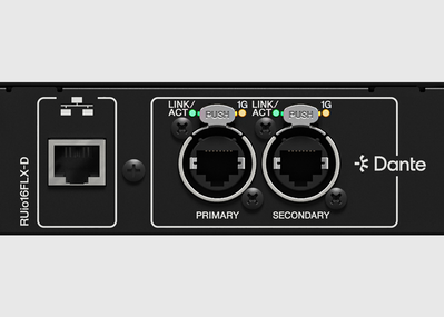 Dante and control network ports on the RUio16FLX-D rear panel